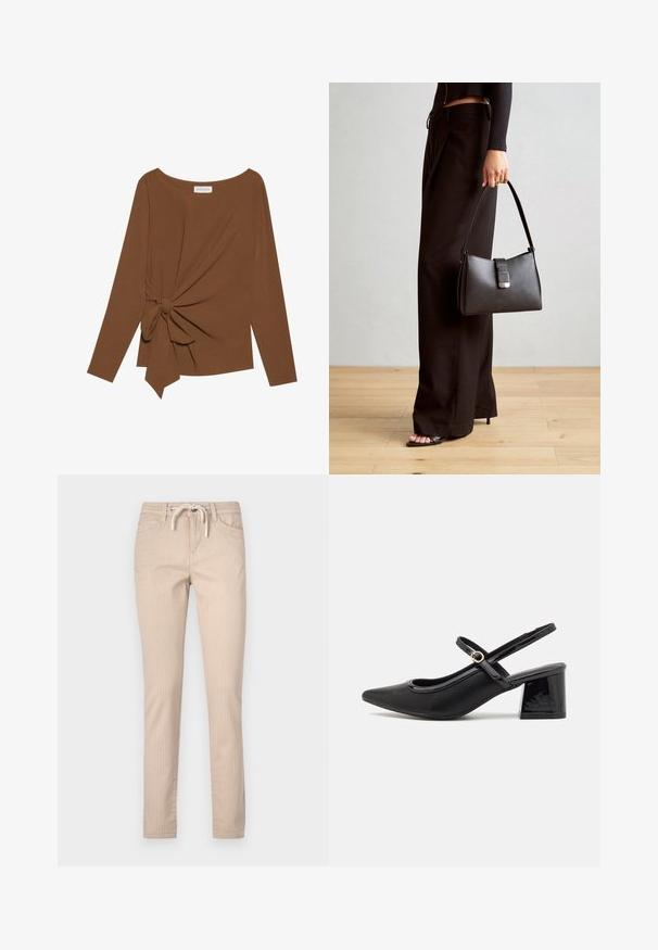Brun langermet topp med bred hals og en knutedetalj på den ene siden, laget av mykt, teksturert stoff.; Beige stripete bomullsbukser med snøring i midjen, avsmalnende ben og to frontlommer. Glatt tekstur, uformell design.; Sorte lakk lær slingback hæler med spiss tå, et avrundet utskjæringsdesign og blokkheel. Har en gulltone spenne som detalj.; Svart håndveske med strukturert form, jevn tekstur og metallisk lås. Kombinert med brede svarte bukser og sandaler med åpen tå på tregulv.