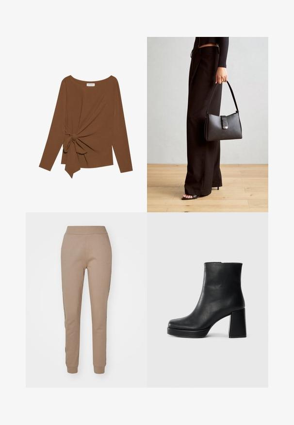 Rjava dolgosleeve majica z širokim izrezom in vozlom na eni strani, izdelana iz mehkega, teksturiranega blaga.; Bež trenirka iz mehkega blaga s ožjim krojem, z elastičnim pasom in manšetami ter diskretnim logotipom na strani.; Črne usnjene gležnjarje z blok peto in platformo, prikazane s strani na enobarvni beli podlagi.; Črna torbica z strukturirano obliko, gladko teksturo in kovinskim zaponko. Ujemajo se z širokimi črnimi hlačami in odprtimi sandali na lesenem tleh.
