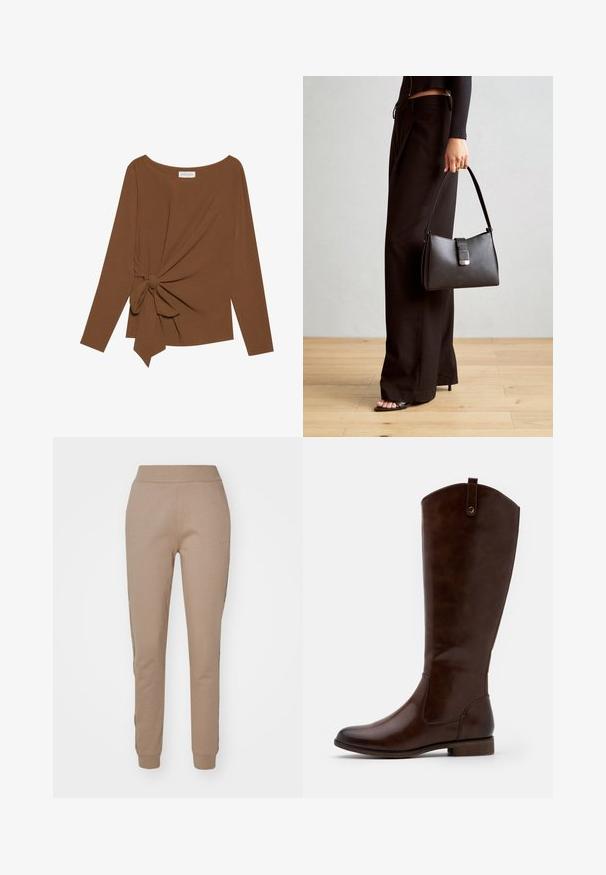 Brūna garām piedurknēm topa, kas izceļas ar plašu dekoltē un mezglu detaļu vienā pusē, izgatavota no mīkstas, teksturētas auduma.; Bežīgas sporta bikses, kas izgatavotas no mīksta auduma ar sašaurinātu piegriezumu, ar elastīgu jostasvietu un aprocēm, kā arī smalku logotipa detaļu sānos.; Brūni līdz ceļiem zābaki, kas izgatavoti no gludas ādas, ar noapaļotu purngalu, zemu sakrautu papēdi un smalku šuvju rakstu gar sāniem.; Melnā somiņa ar strukturētu formu, gludu tekstūru un metālu sprādzi. Saskaņota ar platām melnām biksēm un sandālēm ar atvērtu purngalu uz koka grīdas.