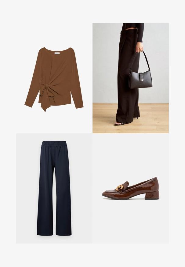 Barna, hosszú ujjú felső, széles nyakkivágással és az egyik oldalon csomó részlettel, puha, texturált anyagból készült.; Sötétkék, bő szárú nadrág, sima anyagból készült, rugalmas derékkal és teljes hosszúságú kialakítással, további részletek nélkül.; Barna bőr loaferek fényes felülettel, dekoratív arany csattal az elején és alacsony blokk sarkával. Klasszikus dizájn.; Fekete kézi táska strukturált formával, sima textúrával és fémből készült záródással. Széles fekete nadrággal és nyitott orrú szandállal párosítva, fából készült padlón.