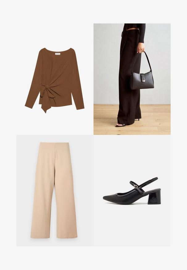 Καφέ μπλούζα με μακριά μανίκια, με πλατιά λαιμόκοψη και λεπτομέρεια κόμπου στη μία πλευρά, φτιαγμένη από μαλακό, υφασματοποιημένο ύφασμα.; Μπεζ παντελόνια σε φαρδιά γραμμή φτιαγμένα από απαλό ύφασμα, με ψηλή μέση και απαλή υφή. Χωρίς ορατά σχέδια ή μεταλλικά στοιχεία.; Μαύρα παπούτσια γοβάκια από πατενταρισμένο δέρμα με γωνιαστό μπροστινό μέρος, στρογγυλή κοπή και τετράγωνο τακούνι. Διαθέτουν μια χρυσή αγκράφα ως διακοσμητικό στοιχείο.; Μαύρη τσάντα χειρός με δομημένο σχήμα, λεία υφή και μεταλλικό κούμπωμα. Συνδυασμένη με φαρδιά μαύρα παντελόνια και σανδάλια ανοιχτής μύτης πάνω σε ξύλινο πάτωμα.