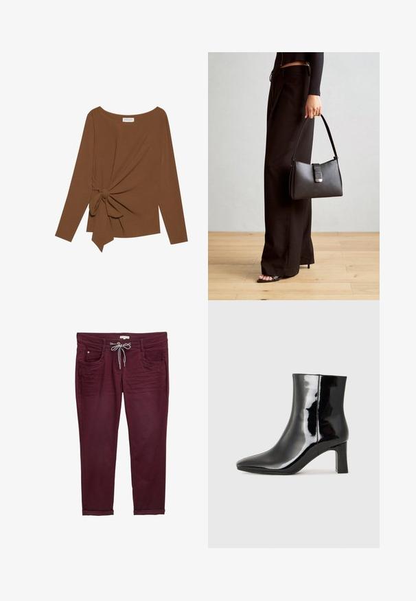 T-shirt brun à manches longues avec un col large et un détail de nœud sur un côté, fabriqué dans un tissu doux et texturé.; Pantalons bordeaux avec taille à cordon de serrage, poches avant et ourlets retroussés. Fabriqués en tissu doux avec une texture lisse et de subtils détails de couture.; Bottines en cuir verni noir avec un bout pointu et un talon block de hauteur moyenne. Texture lisse et design minimaliste.; Sac à main noir à la forme structurée, texture lisse et fermoir métallique. Associé à un pantalon noir ample et des sandales ouvertes sur un sol en bois.