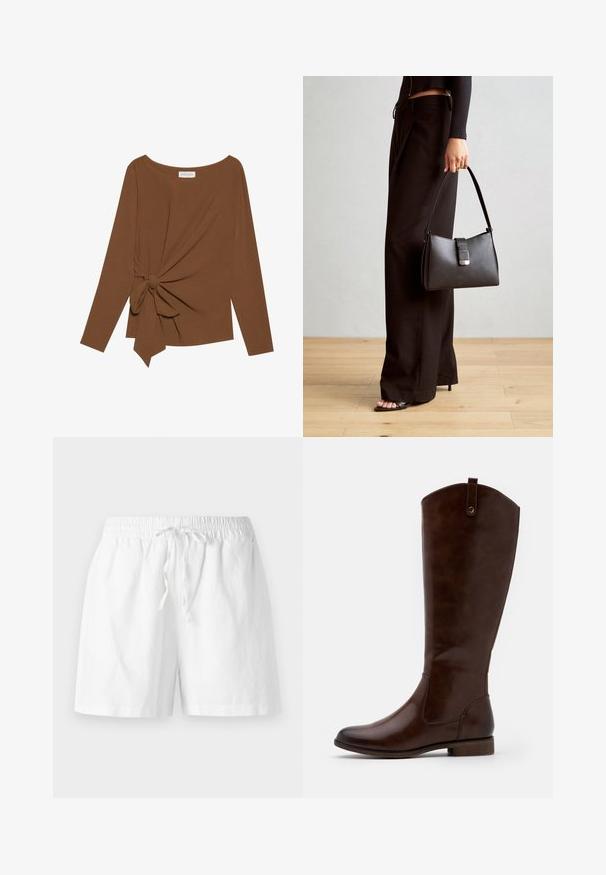 Ruda ilga rankovė viršutinė dalis su plačiu iškirpimu ir mazgo detale vienoje pusėje, pagaminta iš minkštos, tekstūruotos medžiagos.; Balti medvilniniai šortai su elastinga juosta, raišteliu ir laisvu siluetu. Lygi tekstūra ir iki kelių ilgio dizainas.; Rudi iki iki iki tamsiai rudos odos, su apvaliu kojų pirštu, žemu storžieviu kulnu ir subtilia siūlų rašto linija šonuose.; Juodas rankinė struktūrizuota forma, lygi tekstūra ir metalinis užsegimas. Suporuota su plačiomis juodomis kelnėmis ir atvirais bateliais ant medinių grindų.