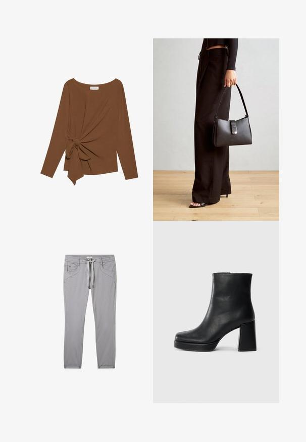 Rjava dolgosleeve majica z širokim izrezom in vozlom na eni strani, izdelana iz mehkega, teksturiranega blaga.; Sive hlače iz mehkega materiala, z vrvico za zategovanje v pasu, štirimi žepi in slim fit krojem z diskretnimi šivi.; Črne usnjene gležnjarje z blok peto in platformo, prikazane s strani na enobarvni beli podlagi.; Črna torbica z strukturirano obliko, gladko teksturo in kovinskim zaponko. Ujemajo se z širokimi črnimi hlačami in odprtimi sandali na lesenem tleh.