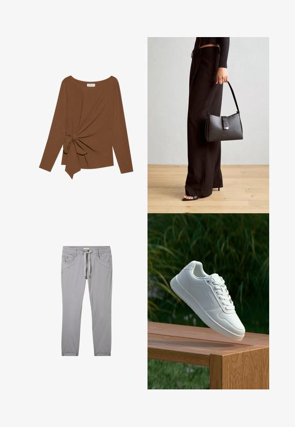 Brązowy, długi rękaw top z szerokim dekoltem i węzełkowym detalem po jednej stronie, wykonany z miękkiego, teksturowanego materiału.; Szare spodnie wykonane z miękkiego materiału, z elastycznym pasem ze sznurkiem, czterema kieszeniami i dopasowanym krojem z subtelnymi detalami przeszycia.; Biały sneaker z gładką syntetyczną cholewą, perforowanym noskiem, płaskimi sznurowadłami i teksturowaną podeszwą, wyeksponowany na drewnianej powierzchni.; Czarna torebka o usztywnionym kształcie, gładkiej fakturze i metalowym zapięciem. Połączona z szerokimi czarnymi spodniami i sandałami na otwartym palcu na drewnianej podłodze.