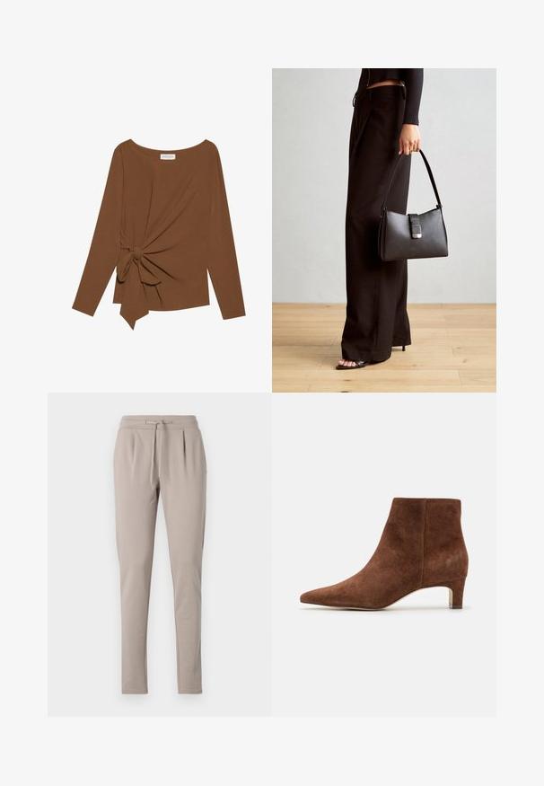 Brun langermet topp med bred hals og en knutedetalj på den ene siden, laget av mykt, teksturert stoff.; Beige joggebukser med snor i livet, avsmalnende ben og plissert frontdetalj. Laget av mykt, lett materiale.; Anna Field LEATHER - Ankelboots - tan; Svart håndveske med strukturert form, jevn tekstur og metallisk lås. Kombinert med brede svarte bukser og sandaler med åpen tå på tregulv.