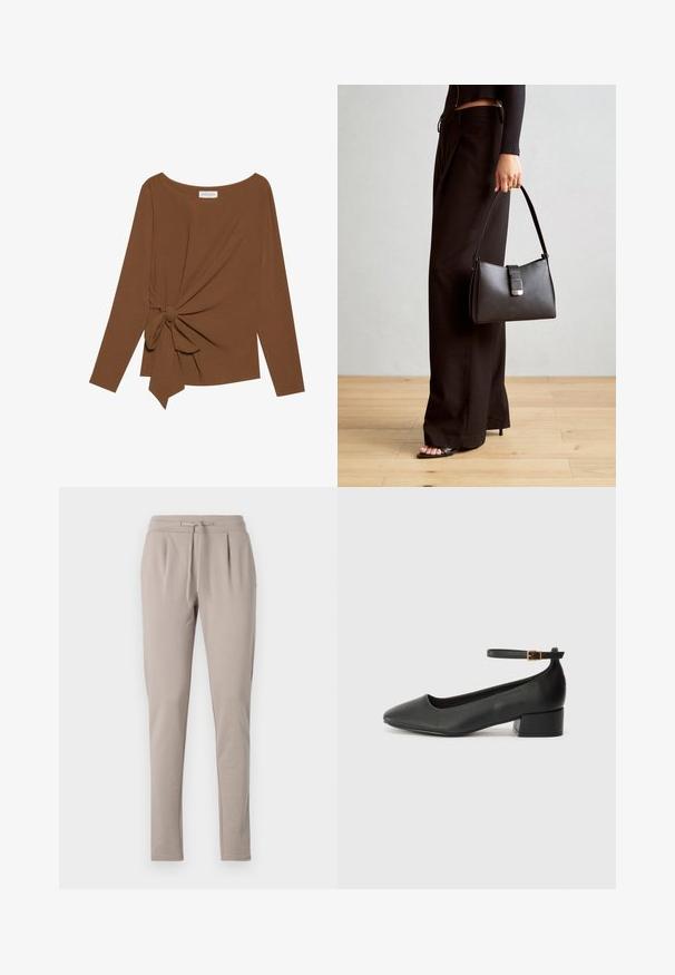 Brūna garām piedurknēm topa, kas izceļas ar plašu dekoltē un mezglu detaļu vienā pusē, izgatavota no mīkstas, teksturētas auduma.; Bēšas sporta bikses ar regulējamu jostu, pieguļoša silueta kājām un krokām priekšpusē. Izgatavotas no mīksta, viegla materiāla.; Melnas ādas sūkņi ar smailu purngalu un zemu bloku papēdi. Iezīmēts ar potītes siksniņu ar zelta krāsas sprādzi. Gluda tekstūra.; Melnā somiņa ar strukturētu formu, gludu tekstūru un metālu sprādzi. Saskaņota ar platām melnām biksēm un sandālēm ar atvērtu purngalu uz koka grīdas.