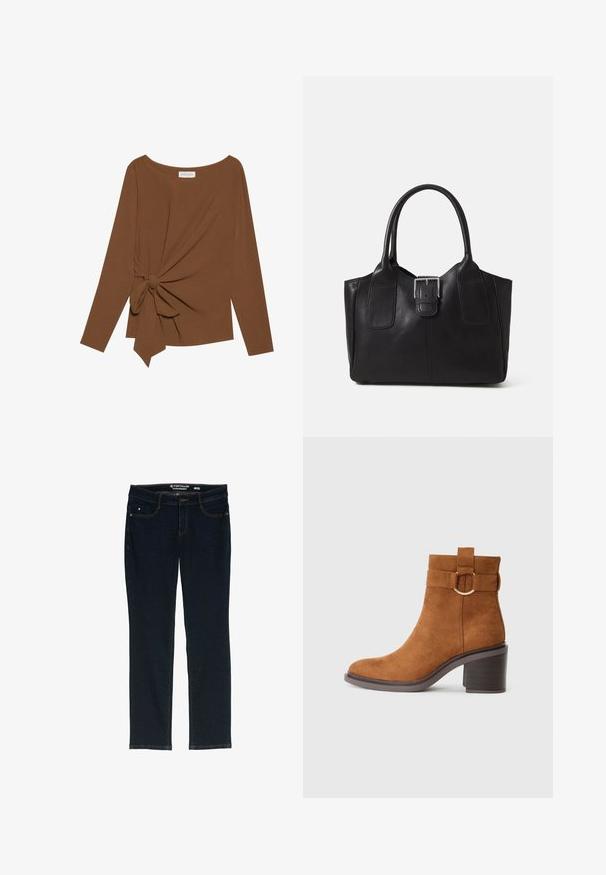 Ruskea pitkähihaisen ylin vaate, jossa on leveä pääntie ja solmukohta toisella sivulla, valmistettu pehmeästä, teksturoidusta kankaasta.; Tummansiniset suorat farkut, jotka on valmistettu denimistä. Ominaisuuksiin kuuluu viisi taskua, kontrastoiva oranssi ommel ja vyötärömerkki, jossa on brändin nimi.; Ruske rantasaappaat, joissa on pyöreä varvas, vahva korko ja koristeellinen hihna, jossa on pyöreä solkiyksityiskohta.; Musta nahkainen olkalaukku, jossa on sileä pinta, ryhdikäs muoto, kaksi kahvaa ja silmienpistävä hopeinen solkiyksityiskohta edessä.