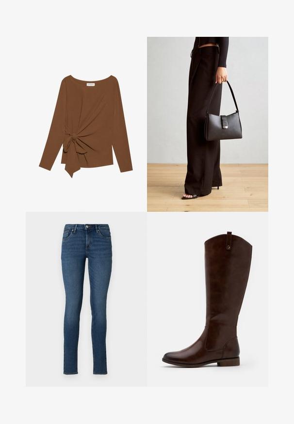 Ruda ilga rankovė viršutinė dalis su plačiu iškirpimu ir mazgo detale vienoje pusėje, pagaminta iš minkštos, tekstūruotos medžiagos.; Nepatogios mėlyni džinsai, pagaminti iš džinsinės medžiagos, su vidutine juosmens linija, penkiomis kišenėmis ir išblukusiu atspalviu, su standartiniu siuvimu ir užtrauktuku.; Rudi iki iki iki tamsiai rudos odos, su apvaliu kojų pirštu, žemu storžieviu kulnu ir subtilia siūlų rašto linija šonuose.; Juodas rankinė struktūrizuota forma, lygi tekstūra ir metalinis užsegimas. Suporuota su plačiomis juodomis kelnėmis ir atvirais bateliais ant medinių grindų.