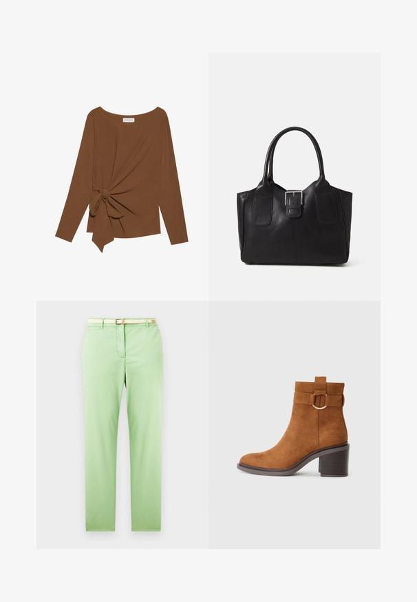 T-shirt brun à manches longues avec un col large et un détail de nœud sur un côté, fabriqué dans un tissu doux et texturé.; Pantalon en coton vert clair avec une coupe droite, doté d'une ceinture tissée beige, de poches avant et sans motifs ni ornements visibles.; Bottine en daim marron avec un bout arrondi, un talon carré et une sangle décorative avec un détail de boucle circulaire.; Sac fourre-tout en cuir noir avec une texture lisse, une forme structurée, deux poignées et un détail en boucle argentée proéminent à l'avant.