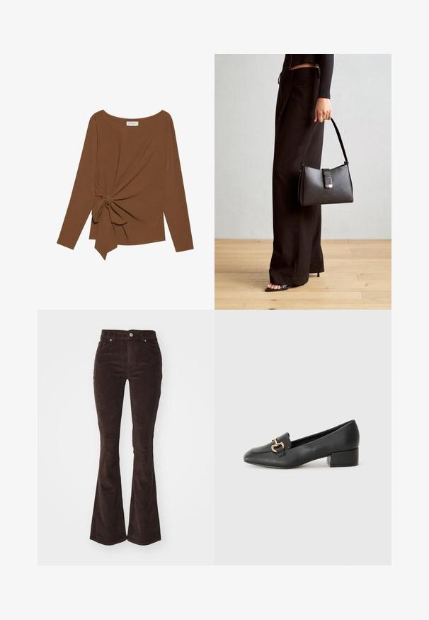 Rjava dolgosleeve majica z širokim izrezom in vozlom na eni strani, izdelana iz mehkega, teksturiranega blaga.; Vero Moda VMFLASH FLARED PANTS - Hlače - chocolate torte; Črne usnjene loafersice s ravnim petkom, ki imajo dekorativen zlat detajl spredaj in gladko teksturo.; Črna torbica z strukturirano obliko, gladko teksturo in kovinskim zaponko. Ujemajo se z širokimi črnimi hlačami in odprtimi sandali na lesenem tleh.