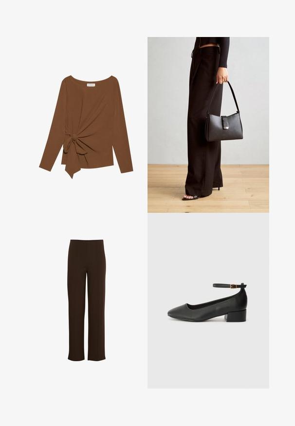 Pruuni pikad varrukad ja laia kaelusega topp, millel on ühe külje sõlmekaunistus, valmistatud pehmest ja tekstuuriga kangast.; Pruunid, laiad püksid, mis on valmistatud pehmest ja venivast materjalist. Omavad vertikaalseid õmblusi ja puhta vöökohaga, et saavutada vormitud välimus.; Must mustaapp, millel on terav nina ja madal blokk-kand. Omab pahkluu rihma koos kuldse tooni pandlaga. Sile tekstuur.; Must musta kott, millel on struktureeritud kuju, sile tekstuur ja metallist klamber. Kombineeritud laiate mustade pükstega ja avatud varvaste sandaalidega puidust põrandal.