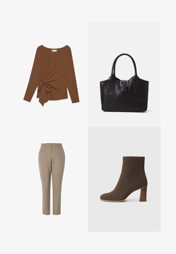 Ruda ilga rankovė viršutinė dalis su plačiu iškirpimu ir mazgo detale vienoje pusėje, pagaminta iš minkštos, tekstūruotos medžiagos.; Smėlio spalvos pritaikytos kelnės su tekstūruotu paviršiumi, tiesiomis kojomis ir vidutinio aukščio liemeniu. Nėra matomų kišenių ar papuošimų.; Rudi zomšos auliniai batai su apvaliu nosiu ir sudėtiniais, struktūriniais kulnais. Lygi išorė be matomų užsegimų ar puošmenų.; Juodas odinis nešiojamas krepšys su lygiu paviršiumi, struktūrine forma, dviem rankenėlėmis ir ryškiu sidabriniu sagties akcentu priekyje.