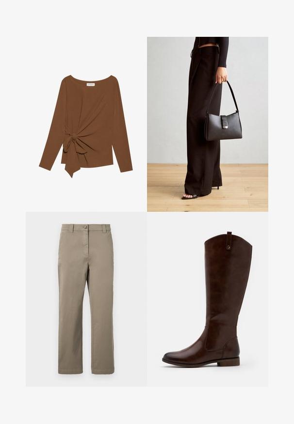 Brązowy, długi rękaw top z szerokim dekoltem i węzełkowym detalem po jednej stronie, wykonany z miękkiego, teksturowanego materiału.; Khaki bawełniane chinosy o prostym kroju nogawki, z zapięciem na guzik z przodu, kieszeniami po bokach oraz gładką fakturą. Brak widocznych wzorów lub akcentów.; Brązowe botki za kolano wykonane z gładkiej skóry, z zaokrąglonym noskiem, niskim, klejonym obcasem oraz subtelnym wzorem przeszyć po bokach.; Czarna torebka o usztywnionym kształcie, gładkiej fakturze i metalowym zapięciem. Połączona z szerokimi czarnymi spodniami i sandałami na otwartym palcu na drewnianej podłodze.