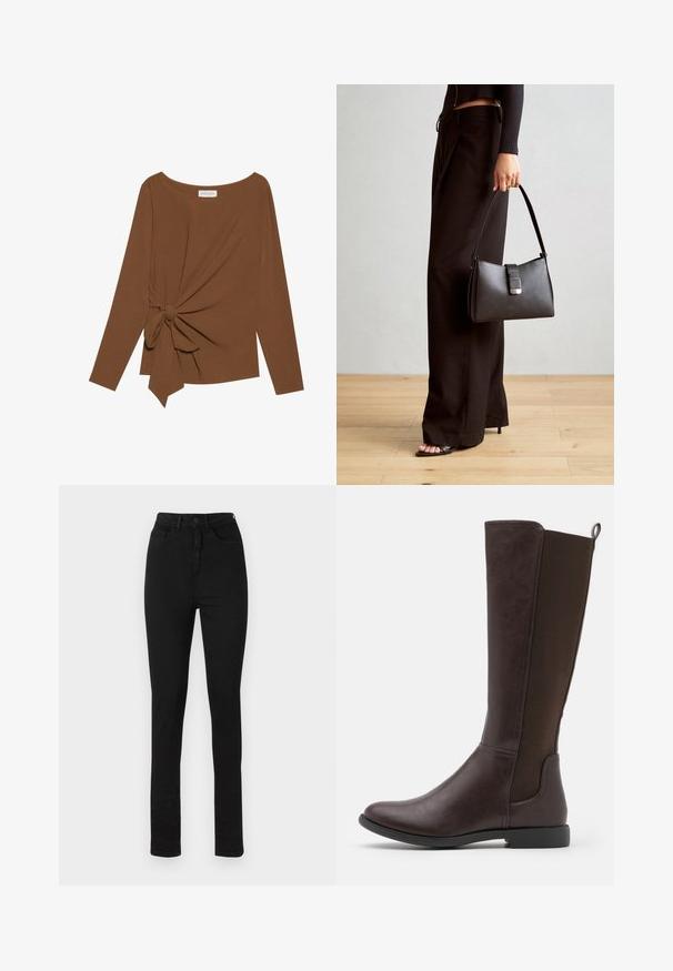 Καφέ μπλούζα με μακριά μανίκια, με πλατιά λαιμόκοψη και λεπτομέρεια κόμπου στη μία πλευρά, φτιαγμένη από μαλακό, υφασματοποιημένο ύφασμα.; Μαύρα τζιν παντελόνια με ψηλή μέση, κλείσιμο με κουμπί, πέντε τσέπες και εφαρμογή slim. Λείος υφασμάτινος ιστός με ραφές λεπτομέρειες στις ραφές.; Anna Field Wide Fit Μπότες - dark brown; Μαύρη τσάντα χειρός με δομημένο σχήμα, λεία υφή και μεταλλικό κούμπωμα. Συνδυασμένη με φαρδιά μαύρα παντελόνια και σανδάλια ανοιχτής μύτης πάνω σε ξύλινο πάτωμα.