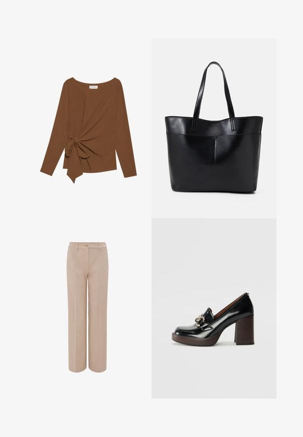 Bruine lange mouwen top met een brede halslijn en een knoopdetail aan één zijde, gemaakt van zachte, gestructureerde stof.; Beige wijde broek gemaakt van zachte stof, met een knoopsluiting en platte voorzakken. Eenvoudig ontwerp zonder zichtbare patronen.; Zwarte leren hoge hak loafers met ronde neus, decoratieve zilveren hardware, houten blokhak en een gladde gepolijste afwerking.; Zwarte leren tote bag met twee lange handvatten, een zachte textuur en een gestructureerde vorm. Voorzien van een voorvak voor extra opslagruimte.