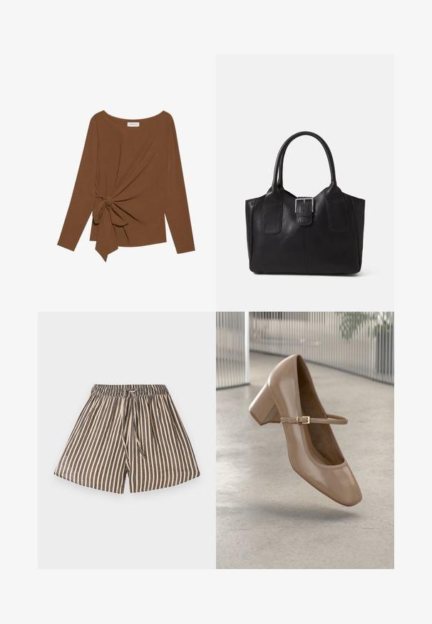 Brown long-sleeve top featuring a wide neckline and a knot detail on one side, made of soft, textured fabric.; Striped shorts with an elastic waistband, featuring vertical lines in beige and navy blue. Soft fabric, casual design, and front tie detail.; Beige Mary Jane shoe with block heel and thin strap with gold buckle, suspended above smooth light gray floor in modern interior.; Black leather tote bag with smooth texture, structured shape, two handles, and a prominent silver buckle detail on the front.
