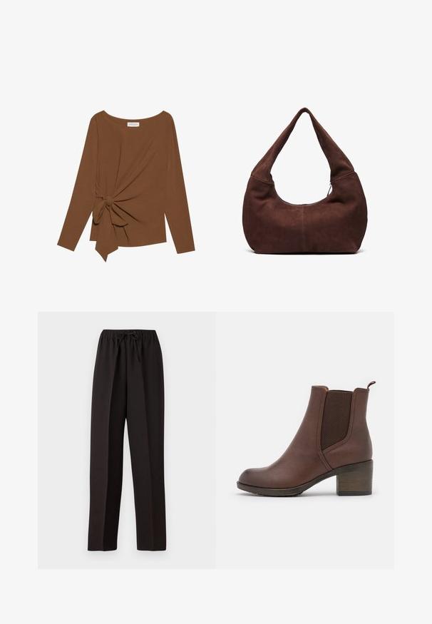 Brown long-sleeve top featuring a wide neckline and a knot detail on one side, made of soft, textured fabric.; Black, wide-leg pants with an elastic waistband and adjustable drawstring. Made from a smooth, lightweight fabric with no visible patterns.; Brown leather ankle boot with a smooth finish, elastic side panels, a rounded toe, and a moderate wooden heel.; Brown suede hobo bag with a curved, wide handle and a large opening. Soft texture with visible stitching detailing along the edges.