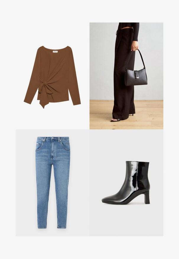 Καφέ μπλούζα με μακριά μανίκια, με πλατιά λαιμόκοψη και λεπτομέρεια κόμπου στη μία πλευρά, φτιαγμένη από μαλακό, υφασματοποιημένο ύφασμα.; Ανοιχτό μπλε τζιν παντελόνι με ψηλή μέση, σλιμ φιτ, πέντε τσέπες και διακριτική φθορά. Περιλαμβάνει μπροστινό κούμπωμα με κουμπί και φερμουάρ.; Μαύρη πατενταρισμένη δερμάτινη μπότες αστραγάλου με μυτερή μύτη και μεσαίο τετράγωνο τακούνι. Λείος υφή και μινιμαλιστικός σχεδιασμός.; Μαύρη τσάντα χειρός με δομημένο σχήμα, λεία υφή και μεταλλικό κούμπωμα. Συνδυασμένη με φαρδιά μαύρα παντελόνια και σανδάλια ανοιχτής μύτης πάνω σε ξύλινο πάτωμα.