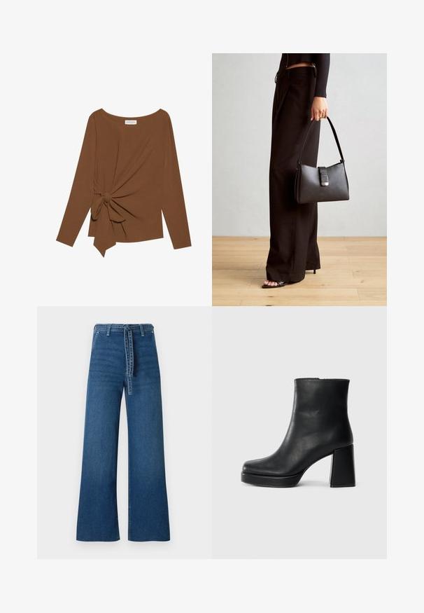 Brown long-sleeve top featuring a wide neckline and a knot detail on one side, made of soft, textured fabric.; TOM TAILOR DENIM TTMIJA CULOTTE - Flared Jeans - used mid stone blue denim; Black leather ankle boot with a block heel and platform sole, viewed from the side on a plain white background.; Black handbag with structured shape, smooth texture, and a metallic clasp. Paired with wide black pants and open-toe sandals on wooden floor.