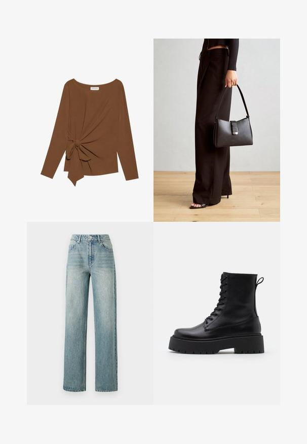 Ruda ilga rankovė viršutinė dalis su plačiu iškirpimu ir mazgo detale vienoje pusėje, pagaminta iš minkštos, tekstūruotos medžiagos.; Copenhagen Muse JEANNE PANTS - Laisvo kirpimo džinsai - medium dirty washed denim; Juodos odinės aulinukės su apvalia nosimi, raišteliais priekyje ir storesniu guminio pado apačioje su tekstūruotu raštu. Priekyje yra kilputė.; Juodas rankinė struktūrizuota forma, lygi tekstūra ir metalinis užsegimas. Suporuota su plačiomis juodomis kelnėmis ir atvirais bateliais ant medinių grindų.