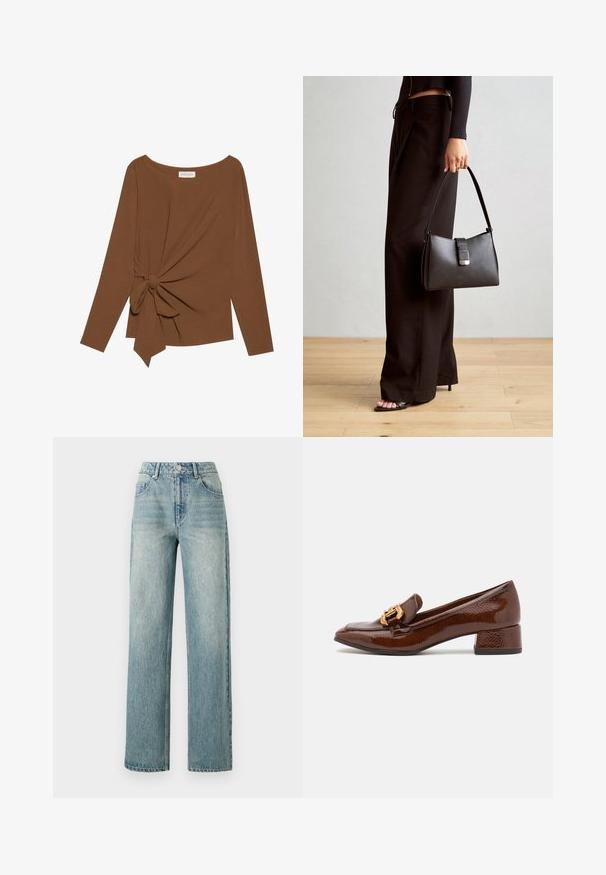 Brown long-sleeve top featuring a wide neckline and a knot detail on one side, made of soft, textured fabric.; Copenhagen Muse JEANNE PANTS - Relaxed fit jeans - medium dirty washed denim; Brown leather loafers with a glossy finish, featuring a decorative gold buckle on the front and a low block heel. Classic design.; Black handbag with structured shape, smooth texture, and a metallic clasp. Paired with wide black pants and open-toe sandals on wooden floor.