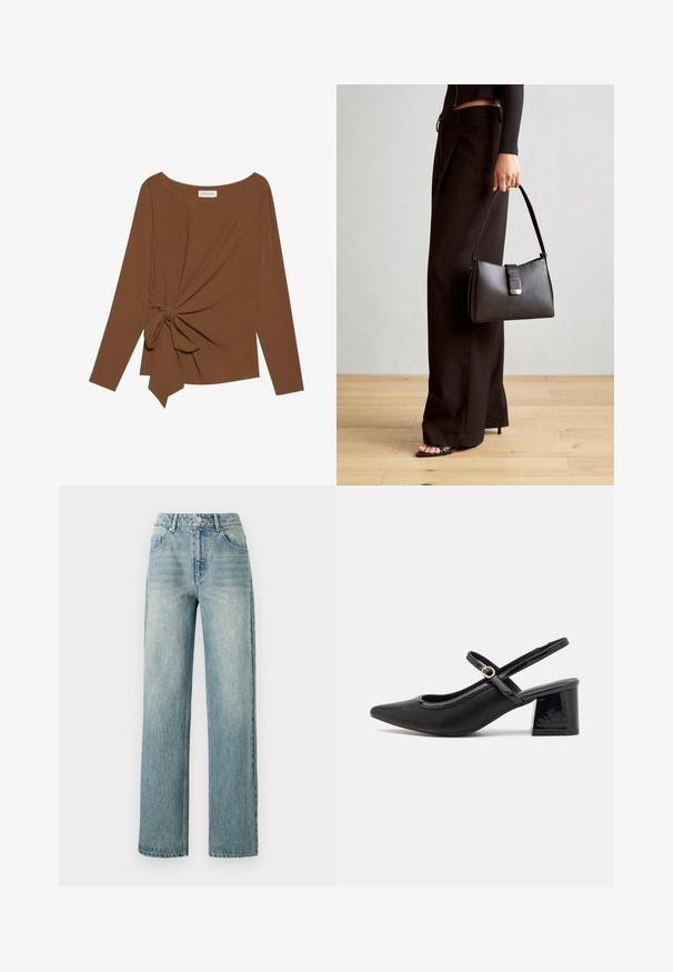 Brūna garām piedurknēm topa, kas izceļas ar plašu dekoltē un mezglu detaļu vienā pusē, izgatavota no mīkstas, teksturētas auduma.; Copenhagen Muse JEANNE PANTS - Brīva piegriezuma džinsi - medium dirty washed denim; Melns patentēts ādas sandales ar norādīta pirksta formu, noapaļotu izgriezuma dizainu un bloķētu papēdi. Iezīmēta ar zelta toņa sprādzi.; Melnā somiņa ar strukturētu formu, gludu tekstūru un metālu sprādzi. Saskaņota ar platām melnām biksēm un sandālēm ar atvērtu purngalu uz koka grīdas.