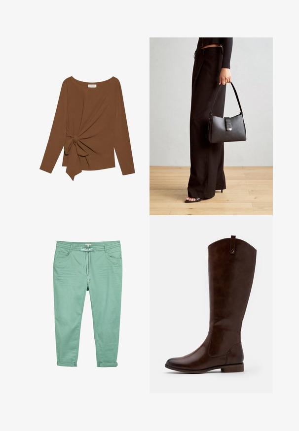 Ruda ilga rankovė viršutinė dalis su plačiu iškirpimu ir mazgo detale vienoje pusėje, pagaminta iš minkštos, tekstūruotos medžiagos.; Šviesiai žali kelnės, pagamintos iš minkštos medžiagos, su raišteliu ties juosmeniu, dviem priekiniais kišenėmis ir sutrumpintais apdaila, kad būtų laisvas pritaikymas.; Rudi iki iki iki tamsiai rudos odos, su apvaliu kojų pirštu, žemu storžieviu kulnu ir subtilia siūlų rašto linija šonuose.; Juodas rankinė struktūrizuota forma, lygi tekstūra ir metalinis užsegimas. Suporuota su plačiomis juodomis kelnėmis ir atvirais bateliais ant medinių grindų.