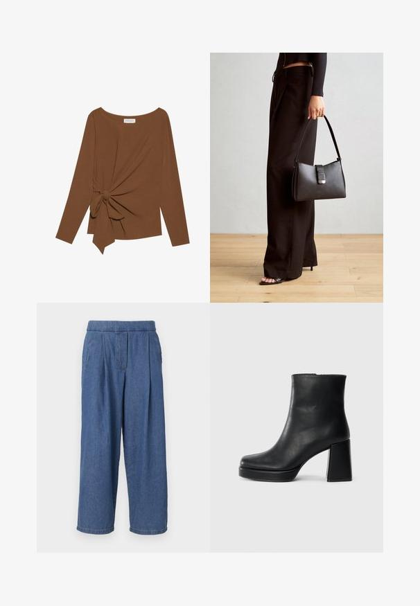 Top castanho de manga longa com decote largo e detalhe em nó de um lado, feito de um tecido suave e texturizado.; Calças largas de denim azul com um corte descontraído, apresentando uma cintura sem botão, pregas frontais e dois bolsos laterais.; Bota de couro preta até ao tornozelo com salto bloco e sola com plataforma, vista de lado sobre um fundo branco liso.; Bolsa preta com forma estruturada, textura suave e um fecho metálico. Combinada com calças largas pretas e sandálias de salto aberto sobre um chão de madeira.