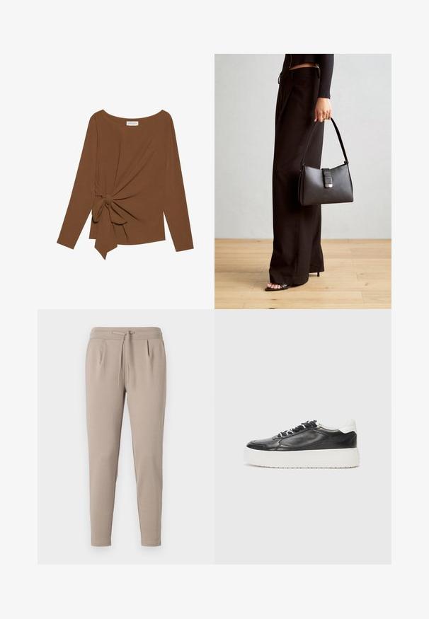 Brauner Langarm-Top mit weitem Ausschnitt und Knoten-Detail auf einer Seite, aus weichem, strukturiertem Stoff.; Beige Jogginghose aus weichem Stoff, mit elastischem Bund und Kordelzug sowie seitlichen Taschen. Schmal zulaufendes Bein-Design.; Kennel + Schmenger BANG - Sneaker low - schwarz/bianco; Schwarze Handtasche mit strukturierter Form, glatter Textur und einem metallischen Verschluss. Kombiniert mit weiten schwarzen Hosen und offenen Sandalen auf einem Holzboden.
