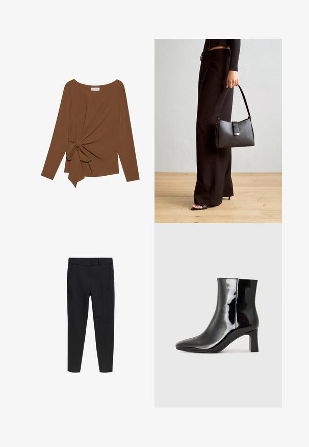 Bruine lange mouwen top met een brede halslijn en een knoopdetail aan één zijde, gemaakt van zachte, gestructureerde stof.; Zwarte op maat gemaakte slim-fit enkelbroeken met riemlussen en voorzakken op een witte achtergrond.; Zwarte gepolijste leren enkellaars met een spitse neus en een blokhak van gemiddelde hoogte. Glad textuur en minimalistisch ontwerp.; Zwarte handtas met gestructureerde vorm, gladde textuur en een metalen sluiting. Gecombineerd met brede zwarte broeken en sandalen met open teen op een houten vloer.