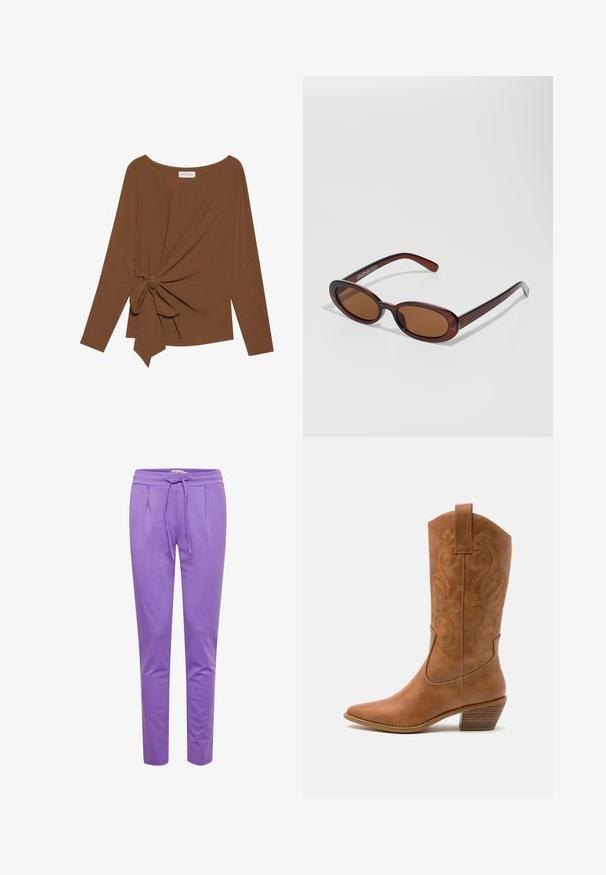 Brun långärmad topp med bred halsringning och en knutdetalj på ena sidan, tillverkad av mjukt, texturerat tyg.; ICHI IHKATE PA2 - Träningsbyxor - chive blossom; Bruna lädercowboystövlar med spetsig tå, broderade virvelmönster på skaftet och en staplad blockklack. Har en dragflik för enkel påtagning.; Runda, bruntonade solglasögon med en glansig bordeauxfärgad ram. Smala bågar med subtilt varumärkesdetalj. Platt linsdesign.; Brun läder tote-väska med dubbla handtag, har kontrasterande sömmar och en rymlig design, lämplig för vardagligt bruk.