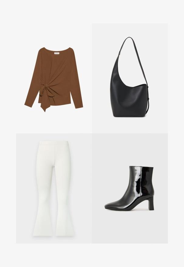 Brown long-sleeve top featuring a wide neckline and a knot detail on one side, made of soft, textured fabric.; White ribbed flared pants with a fitted waist and a stylish flare at the ankle, featuring a soft texture and a smooth finish.; Black patent leather ankle boot with a pointed toe and a mid-height block heel. Smooth texture and minimalist design.; Black leather hobo bag with a smooth texture, curved shape, and single adjustable strap; features a wide opening at the top.