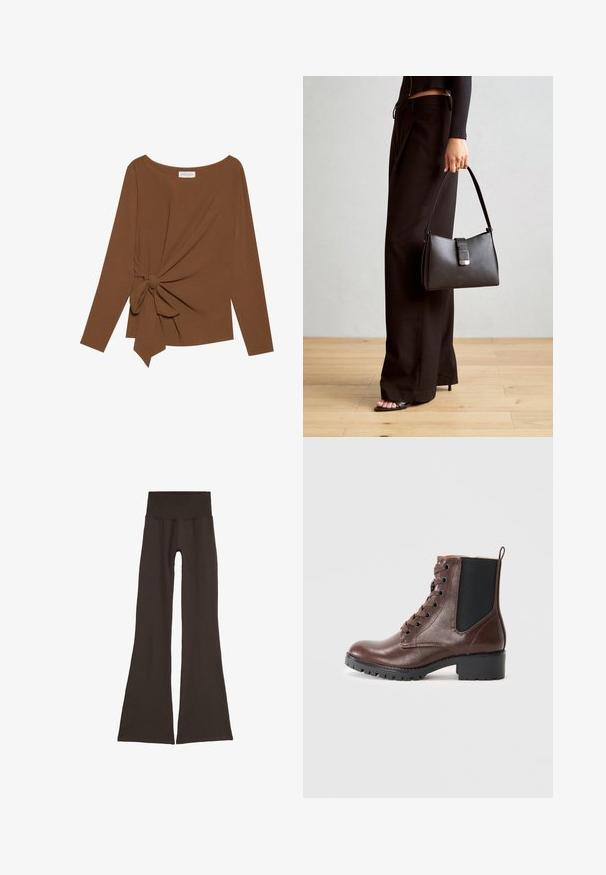 Hnedý dlhý rukáv top s širokým výstrihom a uzlom na jednej strane, vyrobený z mäkkej textúrovanej látky.; Tmavohnedé rozšírené legíny so širokým, rebrovaným pásom. Vyrobené z mäkkého, pružného materiálu, s bežným dizajnom a bez viditeľného kovania.; Hnedá kožená členková obuv s okrúhlou špičkou, šnurovaním vpredu, elastickými bočnými panelmi a textúrovanou gumovou podrážkou. Vybavená pevným blokovým podpätkom.; Čierna kabelka so štruktúrovaným tvarom, hladkou textúrou a kovovou sponou. V kombinácii so širokými čiernymi nohavicami a sandálmi s otvorenou špičkou na drevenej podlahe.