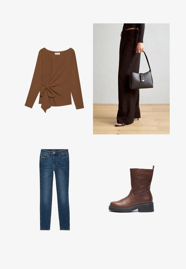 Ruda ilga rankovė viršutinė dalis su plačiu iškirpimu ir mazgo detale vienoje pusėje, pagaminta iš minkštos, tekstūruotos medžiagos.; Lieknos džinsai, pagaminti iš tamsiai mėlynos džinsinės medžiagos, turintys klasikinį penkių kišenių dizainą, tiesius siūlus ir mygtuko bei užtrauktuko uždarymą.; Rudos odinės kulkšninių batai su apvaliu pirštu, masyviu juodu platformos padu ir trumpu kotu. Yra traukimo juostelė, kad būtų lengva užsidėti.; Juodas rankinė struktūrizuota forma, lygi tekstūra ir metalinis užsegimas. Suporuota su plačiomis juodomis kelnėmis ir atvirais bateliais ant medinių grindų.