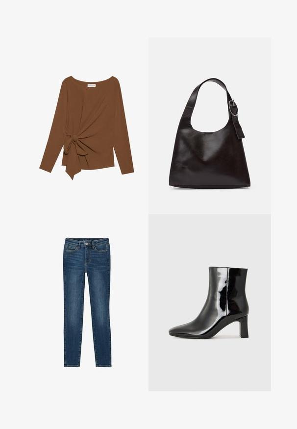 Hnědý dlouhý rukáv top s širokým výstřihem a detaily uzlu na jedné straně, vyrobený z měkké texturované látky.; Úzké džíny vyrobené z tmavě modrého denim, s klasickým designem pěti kapes, rovnými švy a uzavíráním na knoflík a zip.; Černé lakované kotníkové boty s špičatou špičkou a středně vysokým blokovým podpatkem. Hladká textura a minimalistický design.; Hnědá kožená taška přes rameno s hladkou texturou, zaobleným tvarem, širokým popruhem a kulatým kovovým akcentem na rukojeti.