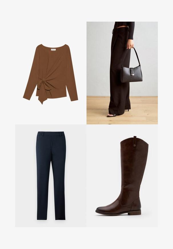 Brauner Langarm-Top mit weitem Ausschnitt und Knoten-Detail auf einer Seite, aus weichem, strukturiertem Stoff.; Marineblaue Hose aus einem weichen, dehnbaren Stoff. Mit flachem Vorderteil, Gürtelschlaufen und einem schmalen, zulaufenden Bein.; Braune kniehohe Stiefel aus glattem Leder, mit runder Zehenform, niedrigem Blockabsatz und einem dezente Stichmuster an den Seiten.; Schwarze Handtasche mit strukturierter Form, glatter Textur und einem metallischen Verschluss. Kombiniert mit weiten schwarzen Hosen und offenen Sandalen auf einem Holzboden.