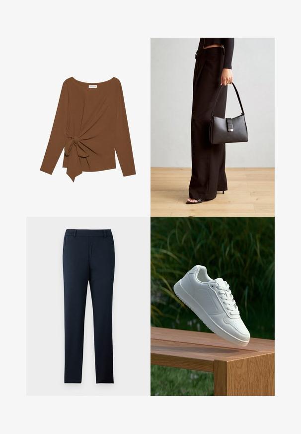 Brązowy, długi rękaw top z szerokim dekoltem i węzełkowym detalem po jednej stronie, wykonany z miękkiego, teksturowanego materiału.; Granatowe spodnie wykonane z miękkiego, elastycznego materiału. Cechują się gładkim przodem, paskami do paska oraz smukłym, zwężanym krojem nogawek.; Biały sneaker z gładką syntetyczną cholewą, perforowanym noskiem, płaskimi sznurowadłami i teksturowaną podeszwą, wyeksponowany na drewnianej powierzchni.; Czarna torebka o usztywnionym kształcie, gładkiej fakturze i metalowym zapięciem. Połączona z szerokimi czarnymi spodniami i sandałami na otwartym palcu na drewnianej podłodze.
