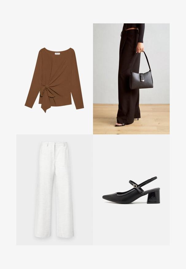 Ruskea pitkähihaisen ylin vaate, jossa on leveä pääntie ja solmukohta toisella sivulla, valmistettu pehmeästä, teksturoidusta kankaasta.; Housut, joissa on leveät lahkeet ja kevyttä valkoista pellavaa, hienovaraisella tekstuuripinnalla, etusidottu viiva ja normaali vyötärö.; Musta lakattu nahka slingback-korkokengät, joissa on terävä kärki, pyöreä aukko-muotoilu ja lohkokorko. Varustettu kultasävyisellä solkiyksityiskohdalla.; Musta käsilaukku, jossa on rakenteellinen muoto, sileä pinta ja metallinen solki. Yhdistetty leveisiin mustiin housuihin ja avonaiheisiin sandaaleihin puulattialla.