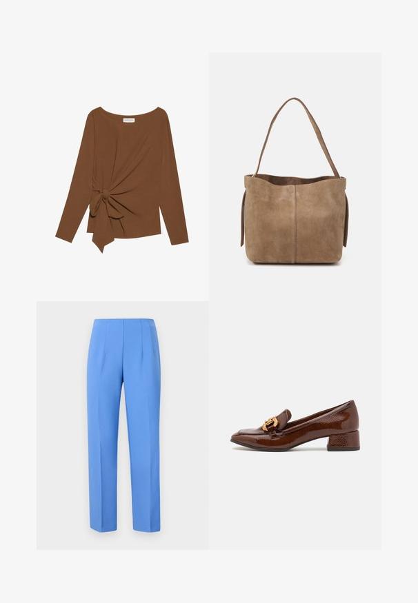 Hnedý dlhý rukáv top s širokým výstrihom a uzlom na jednej strane, vyrobený z mäkkej textúrovanej látky.; Modré nohavice na mieru z hladkej tkaniny so bočnými skladmi, s rovým strihom a čistým pásom. Žiadne viditeľné kovové prvky ani vzory.; Hnedé kožené loafers s lesklým povrchom, s dekoratívnym zlatým prackom na prednej strane a nízkym blokovým podpätkom. Klasický dizajn.; Hnedá semišová taška cez rameno s jemnou textúrou, otvoreným vrchom a jedným ramenným popruhom. Disponuje hladkým povrchom a minimálnym detailovaním.