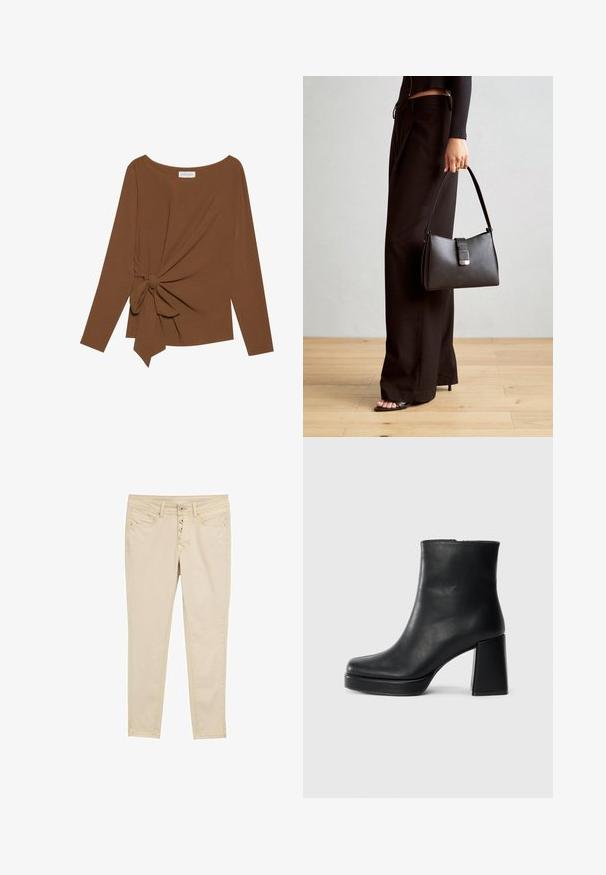 Hnědý dlouhý rukáv top s širokým výstřihem a detaily uzlu na jedné straně, vyrobený z měkké texturované látky.; Béžové úzké džíny z bavlny s pěti knoflíky, předními kapsami a jemnými švy. Hladká textura a přiléhavý design.; Černý kožený kotníkový bot s blokovým podpatkem a platformou, viděný z boku na jednoduchém bílém pozadí.; Černá kabelka se strukturovaným tvarem, hladkým povrchem a kovovým uzávěrem. Kombinována s širokými černými kalhotami a sandály s otevřenou špičkou na dřevěné podlaze.