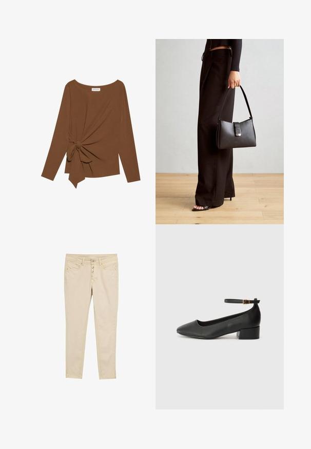 Ruskea pitkähihaisen ylin vaate, jossa on leveä pääntie ja solmukohta toisella sivulla, valmistettu pehmeästä, teksturoidusta kankaasta.; Vaaleanbeige puuvillaiset skinny-farkut, joissa on viisi nappia, etutaskut ja hienovaraiset ompelusyksityiskohdat. Sulava pinta ja istuvan muotoilu.; Mustat nahkakengät, joissa on terävä kärki ja matala lohkare korko. Varustettu nilkkahihnalla, jossa on kultasävyinen solki. Lisää sileä pinta.; Musta käsilaukku, jossa on rakenteellinen muoto, sileä pinta ja metallinen solki. Yhdistetty leveisiin mustiin housuihin ja avonaiheisiin sandaaleihin puulattialla.