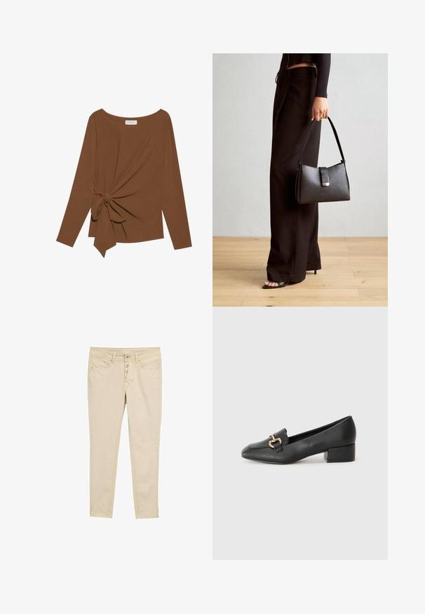 Top marrón de manga larga con un escote amplio y un detalle de nudo en un lado, hecho de una tela suave y texturizada.; Jeans skinny de algodón beige con cierre de cinco botones, bolsillos delanteros y detalles de costura sutiles. Textura suave y diseño ajustado.; Mocasines de cuero negro con tacón plano, que cuentan con un detalle decorativo de hardware dorado en la parte frontal y una textura suave.; Bolso negro con forma estructurada, textura suave y un cierre metálico. Combinado con pantalones anchos negros y sandalias de dedo en un suelo de madera.
