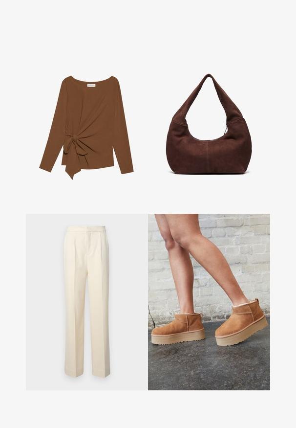 Brauner Langarm-Top mit weitem Ausschnitt und Knoten-Detail auf einer Seite, aus weichem, strukturiertem Stoff.; Maßgeschneiderte cremefarbene Hose mit geradem Bein, ausgestattet mit vorderen Falten und einer glatten Oberfläche. Der Bund ist flach und ohne Verzierungen.; Braune Wildleder-Stiefeletten mit einem weichen Futter, dicker beige Plateau-Sohle und einer Zuglasche auf der Rückseite. Strukturiert Oberfläche mit sichtbaren Nähdetails.; Braune Wildleder-Hobo-Tasche mit einem gebogenen, breiten Griff und einer großen Öffnung. Weiche Textur mit sichtbaren abgesteppten Details entlang der Kanten.