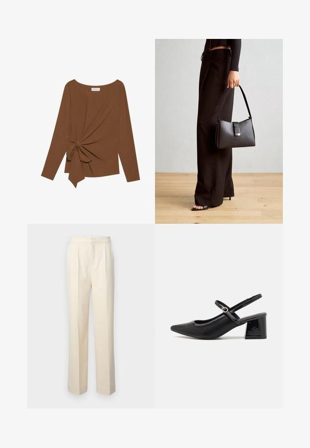 Pruuni pikad varrukad ja laia kaelusega topp, millel on ühe külje sõlmekaunistus, valmistatud pehmest ja tekstuuriga kangast.; Kohandatud kreemjas värvis püksid sirge jala ja ees olevate voldikutega, millel on sile viimistlus. Vöökoht on lame ja ilma kaunistusteta.; Mustad läikivad nahast slingback-kõrged kontsad, millel on terav nina, ümar lõikekujundus ja blokknina. Omab kuldset nupu aktsenti.; Must musta kott, millel on struktureeritud kuju, sile tekstuur ja metallist klamber. Kombineeritud laiate mustade pükstega ja avatud varvaste sandaalidega puidust põrandal.