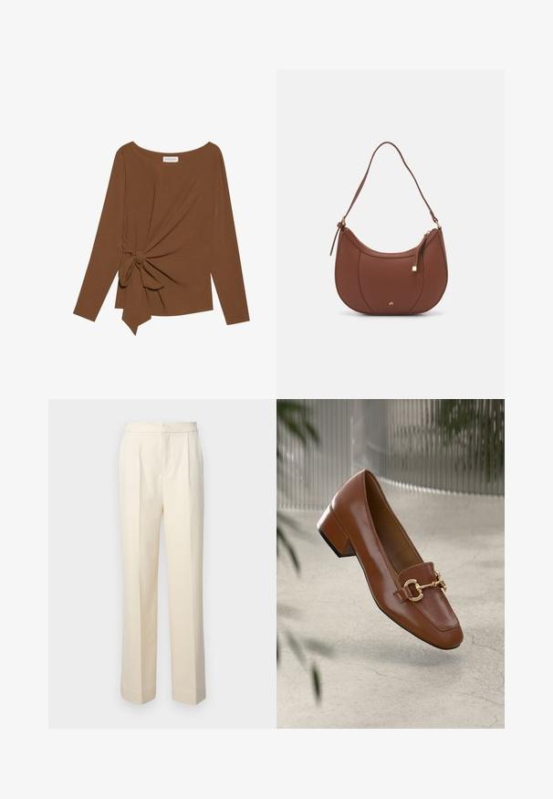 Ruskea pitkähihaisen ylin vaate, jossa on leveä pääntie ja solmukohta toisella sivulla, valmistettu pehmeästä, teksturoidusta kankaasta.; Räätälöidyt vaaleankermanväriset housut, joissa on suora lahje, etuštěemärkä ja sileä pinta. Vyötärö on litteä eikä siinä ole koristeita.; Ruskea kiiltävä nahkaloaferi neliönmuotoisella varpaalla, metalliketjuaktsentilla ja matalalla tukijalalla; sileä rakenne, minimalistinen muotoilu.; Ruskea keinonahkainen olkalaukku, jossa on kaareva muoto, minimaalinen ompelu ja kultasävyinen varuste. Varustettu ylhäältä avautuvalla vetoketjullisella suljennalla ja säädettävällä hihnalla.