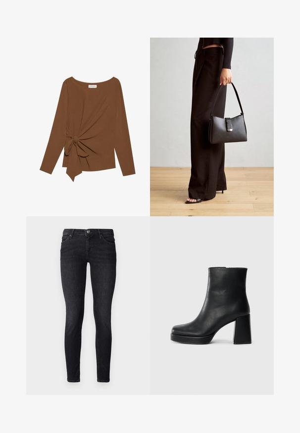 Barna, hosszú ujjú felső, széles nyakkivágással és az egyik oldalon csomó részlettel, puha, texturált anyagból készült.; Fekete farmer skinny farmernadrág sima textúrával, öt zsebes dizájnnal és gombos záródással. Diszkrét varrásokkal és minimális fémalkatrészekkel rendelkezik.; Fekete bőr bokacsizma tömbsarkal és platform talppal, oldalról nézve, sima fehér háttéren.; Fekete kézi táska strukturált formával, sima textúrával és fémből készült záródással. Széles fekete nadrággal és nyitott orrú szandállal párosítva, fából készült padlón.