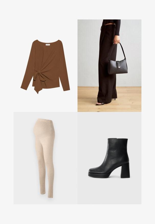 Smeđa majica dugih rukava s širokim izrezom i čvorom s jedne strane, izrađena od mekog, teksturiranog materijala.; Bež legging za trudnice s visokim strukom, izrađene od mekog, rastezljivog materijala, s prilagođenim dizajnom i glatkom teksturom.; Crna kožna čizma do gležnja s blok petom i platformom, prikazana s bočne strane na jednostavnoj bijeloj pozadini.; Crna torba s oblikom koji sadrži strukturu, glađu teksturu i metalnu kopču. Uparena s širokim crnim hlačama i sandalama na otvorenom s drvenog poda.