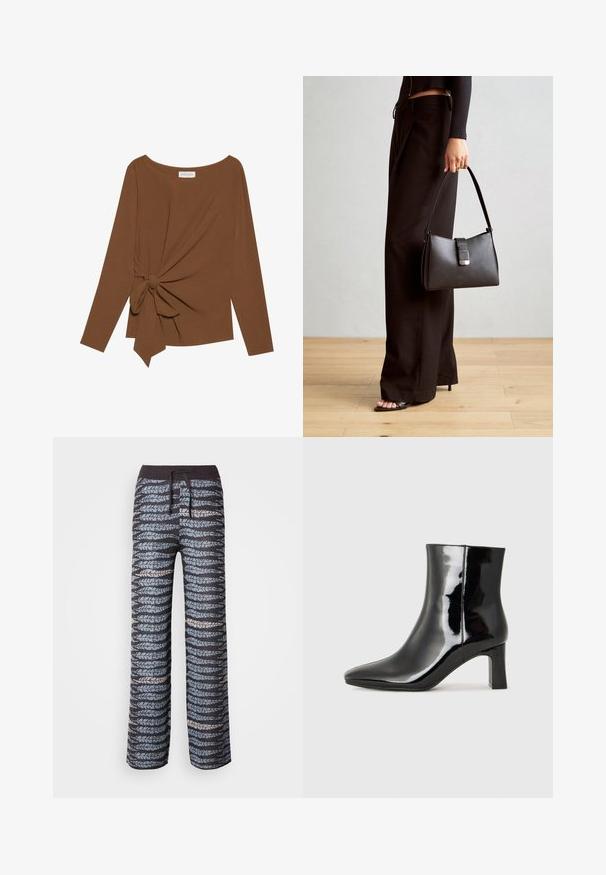 Ruda ilga rankovė viršutinė dalis su plačiu iškirpimu ir mazgo detale vienoje pusėje, pagaminta iš minkštos, tekstūruotos medžiagos.; Lengvi, raštuoti kelnių modeliai su tamsiu pagrindu, kuriame pakaitomis pavaizduoti mėlyni ir pilki lapų motyvai, elastinė juosmens juosta ir raištelis.; Juodos lakuotos odinės aulinukės su smailiu pirštu ir vidutinio aukščio blokuotu kulnu. Lygus paviršius ir minimalistinis dizainas.; Juodas rankinė struktūrizuota forma, lygi tekstūra ir metalinis užsegimas. Suporuota su plačiomis juodomis kelnėmis ir atvirais bateliais ant medinių grindų.