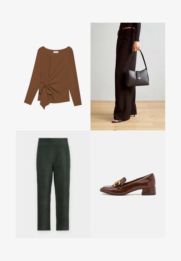 Brown long-sleeve top featuring a wide neckline and a knot detail on one side, made of soft, textured fabric.; Dark green corduroy pants with a fitted waist, straight legs, and vertical ribbed texture. Simple design with no visible hardware or accents.; Brown leather loafers with a glossy finish, featuring a decorative gold buckle on the front and a low block heel. Classic design.; Black handbag with structured shape, smooth texture, and a metallic clasp. Paired with wide black pants and open-toe sandals on wooden floor.